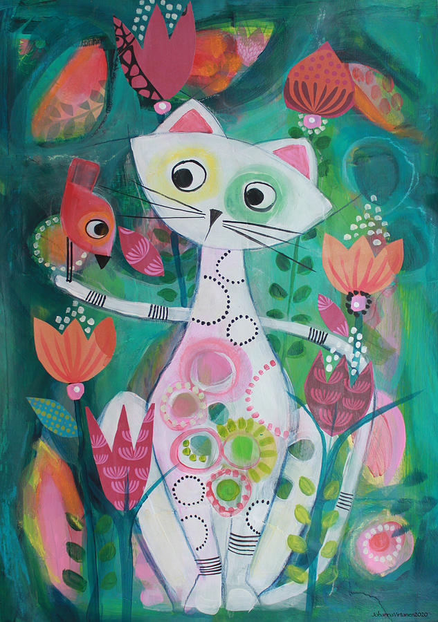 Flower Mixed Media - Cat and bird by Johanna Virtanen