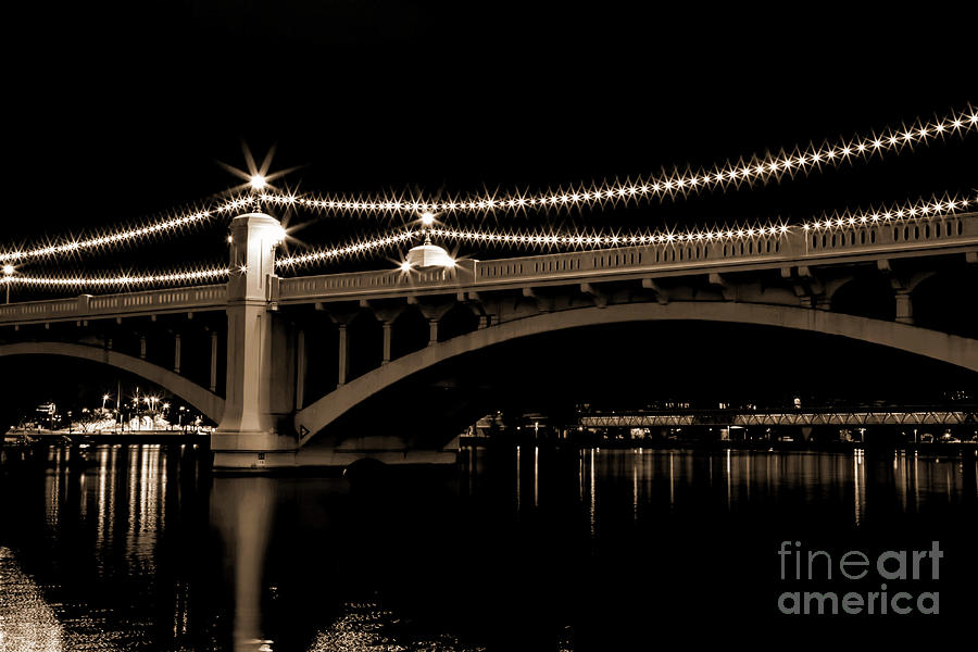 Tempe Photograph - Tempe Town Lake at Night Sepia by Elisabeth Lucas