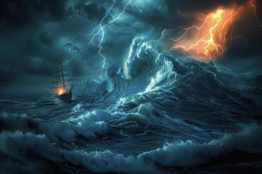 Tempest 01 Ship and stormy Ocean Digital Art by Matthias Hauser