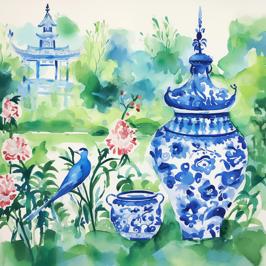 Temple Bird Chinoiserie Painting by Kimberly Potts - Fine Art America