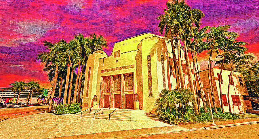 Temple Emanu-El in Miami Beach, Florida, at sunset - impressionist painting Digital Art by Nicko Prints