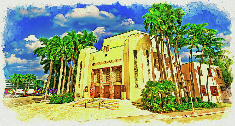 Temple Emanu-El in Miami Beach, Florida - watercolor painting  Digital Art by Nicko Prints