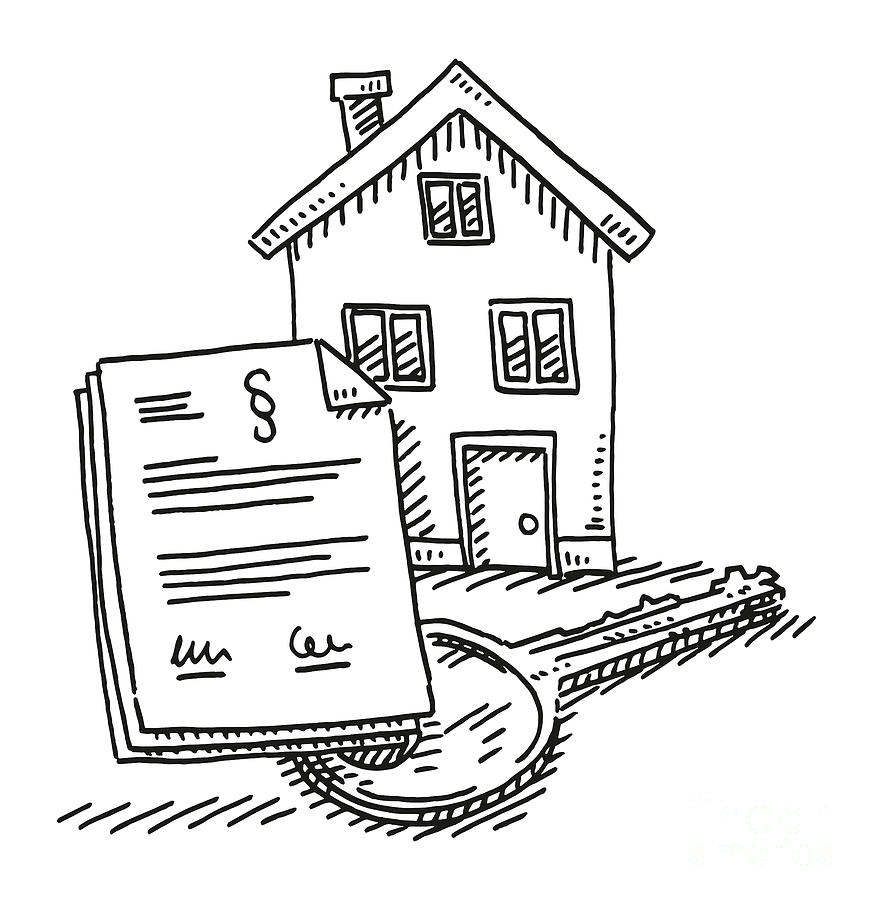 Black And White Drawing - Tenancy Agreement House And Key Symbol Drawing by Frank Ramspott