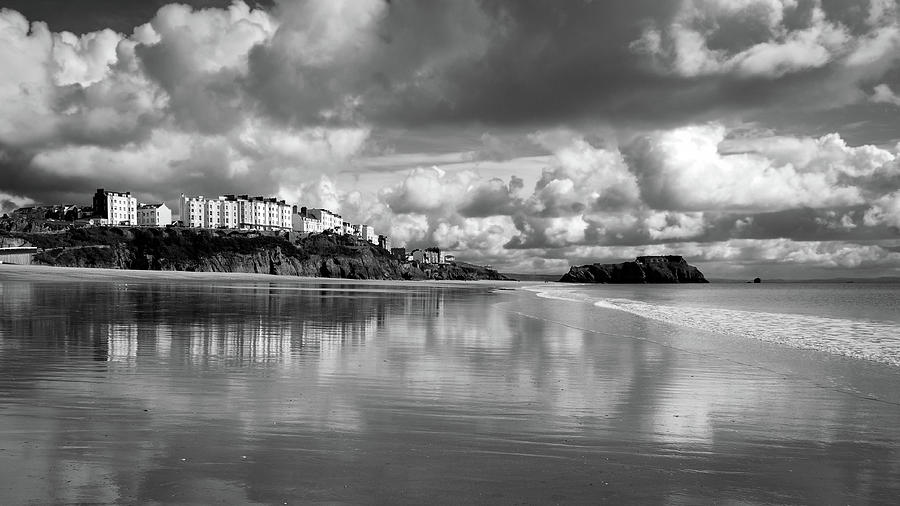 Tenby reflected in the wet sand of South Beach Photograph by Seeables Visual Arts