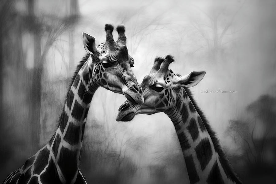Wildlife Drawing - Tender moment between two giraffes by David Mohn