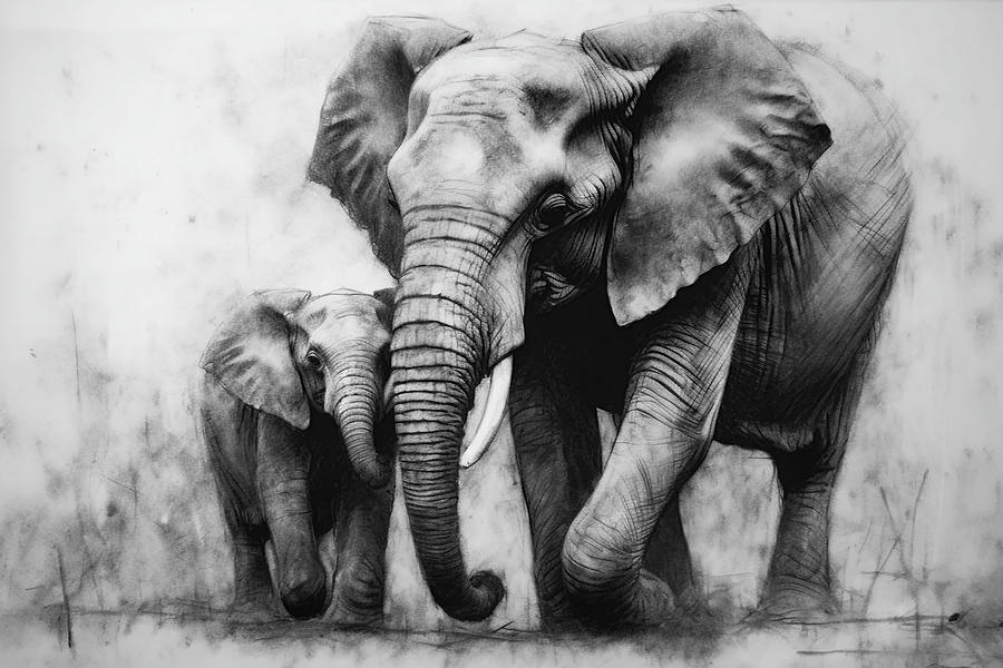 Tender moment, elephant and calf, charcoal drawing Drawing by David ...