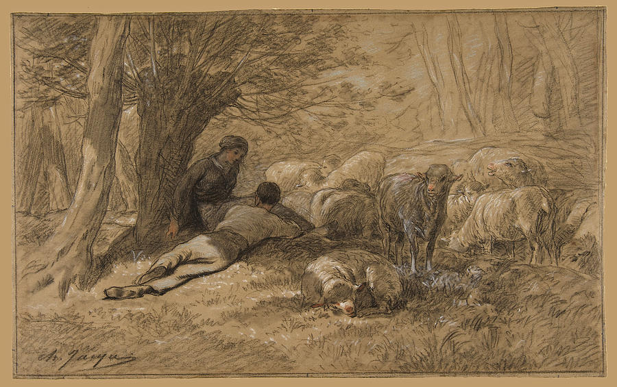 Tending the Sheep Drawing by Charles-Emile Jacque