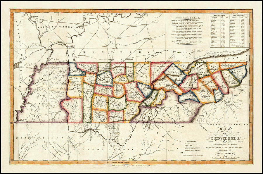 Tennessee Map Photograph - Tennessee Antique Vintage Map 1818 by Carol Japp