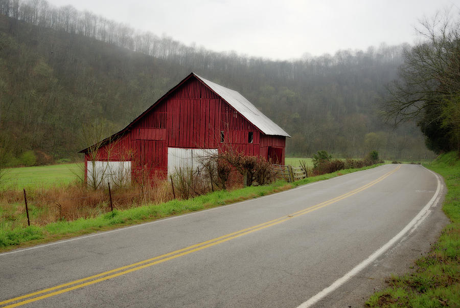Tennessee Road Trip - foggy morning with roadside barn Photograph by Peter Herman