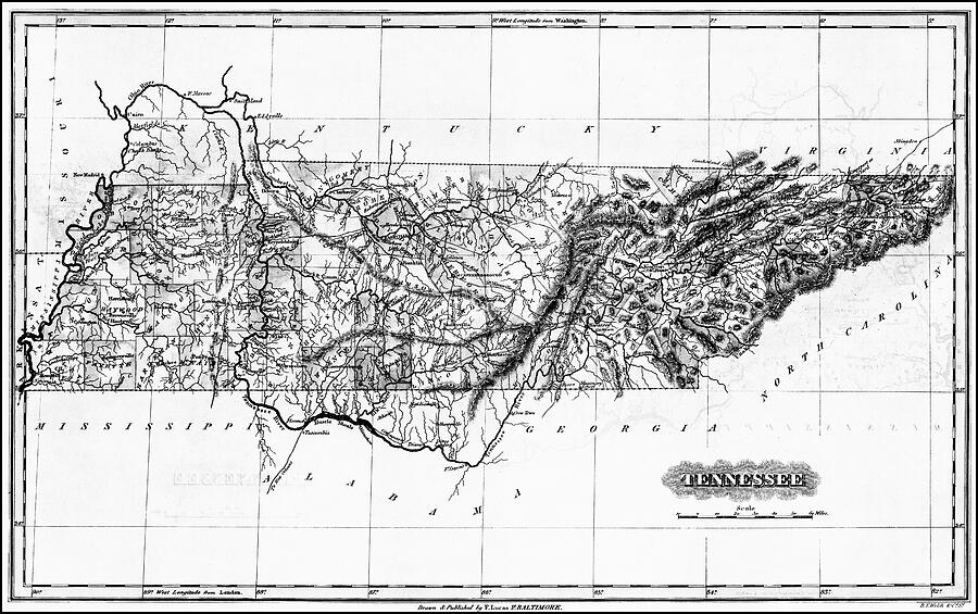 Tennessee Vintage Map 1826 Black and White Photograph by Carol Japp ...