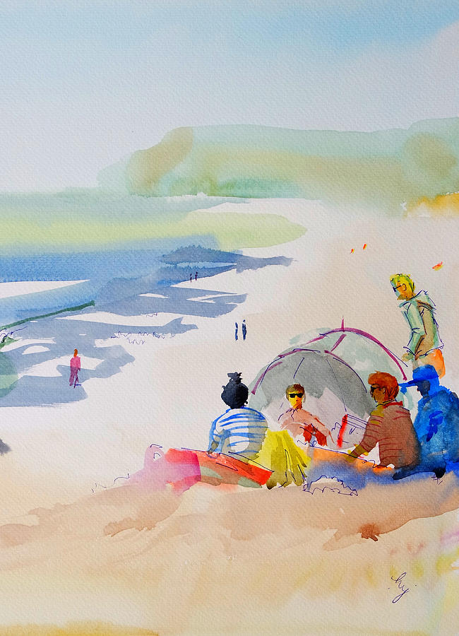 Tent on widemouth beach cornwall painting Painting by Mike Jory