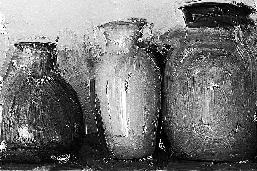 Terra Cotta Vases on a Shelf - Black and White Mixed Media by Tatiana Travelways