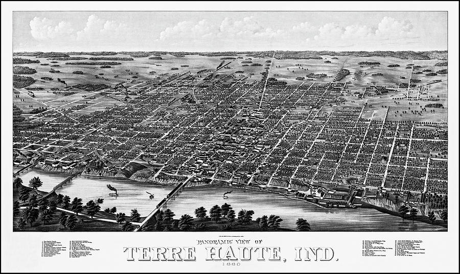 Vintage Photograph - Terre Haute Indiana Vintage Map Birds Eye View 1880 Black and White by Carol Japp