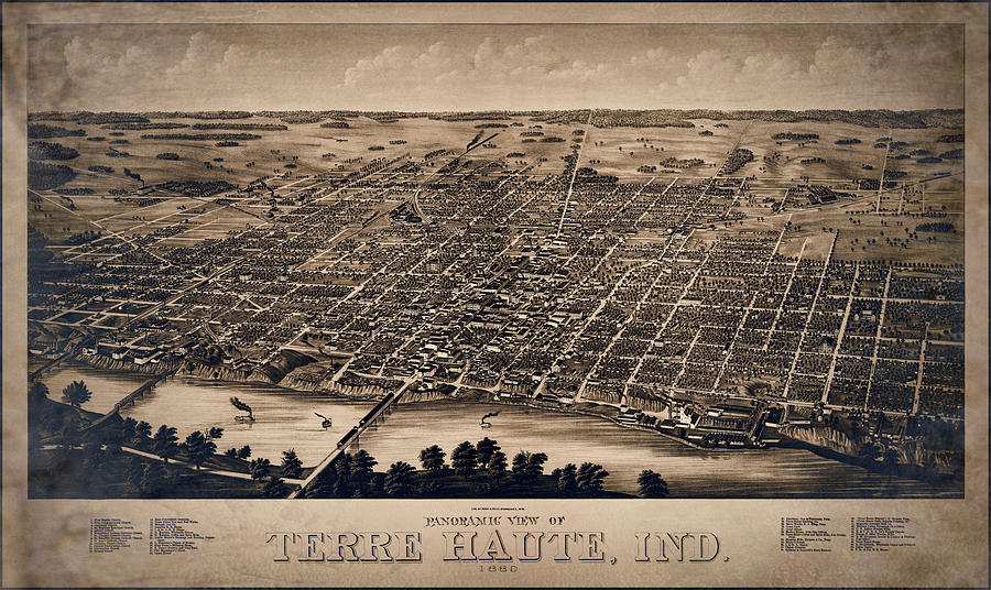 Vintage Photograph - Terre Haute Indiana Vintage Map Birds Eye View 1880 Sepia  by Carol Japp
