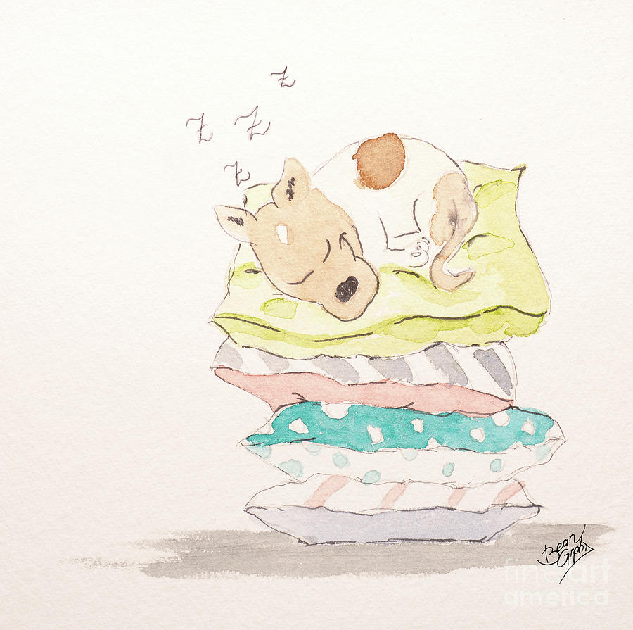 Terrier sleeping contentedly on a high stack of cozy pillows Painting by Andreas Berheide