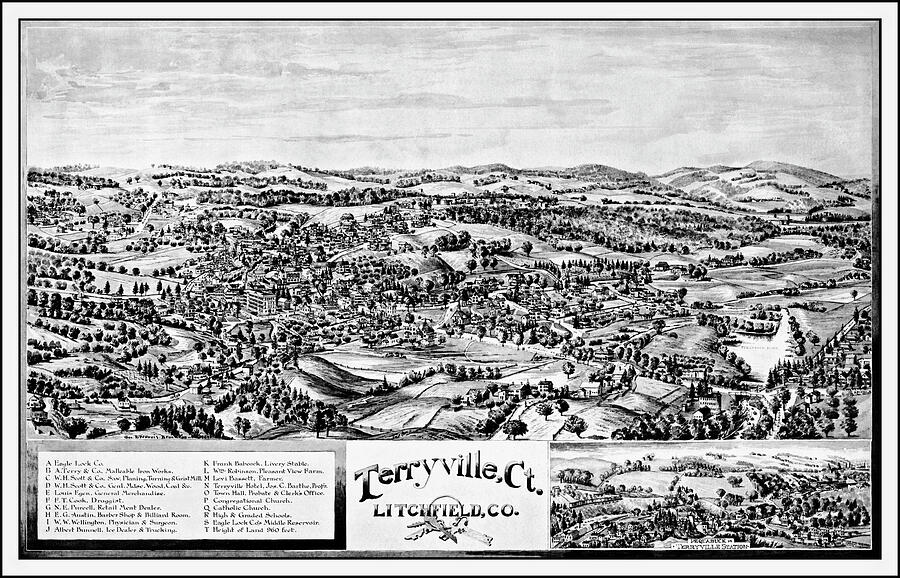 Terryville Connecticut Vintage Map Birds Eye View 1894 Black and White ...