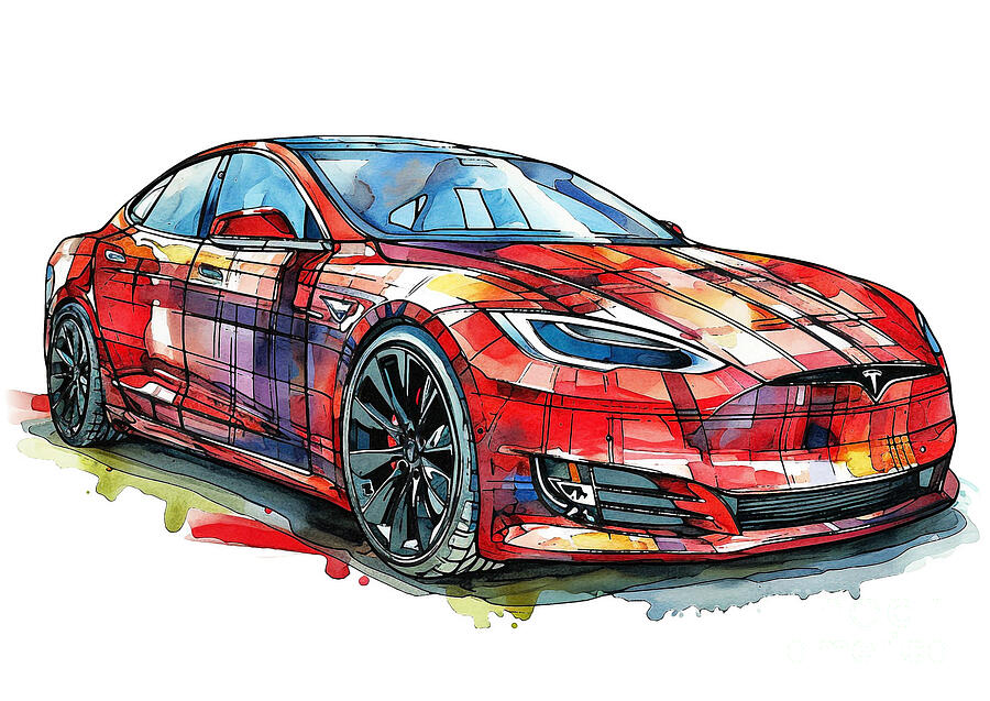 Car Painting - Tesla Model S Plaid auto vibrant colors by Clark Leffler