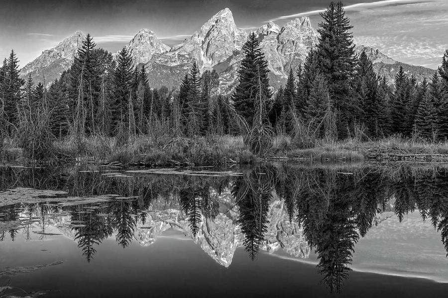 Teton High Peaks Glowing Reflections BW Photograph by Angelo Marcialis