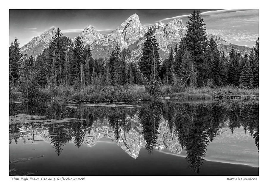 Teton High Peaks Glowing Reflections BW The Signature Series Photograph by Angelo Marcialis