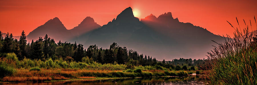 Teton Sunset Panorama Under Red Skies Of Sunset Photograph by Gregory Ballos