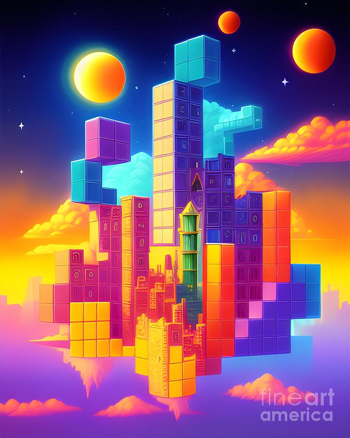 Tetris City - A Colorful Fantasy World of Blocks and Buildings Mixed Media by Artvizual Premium