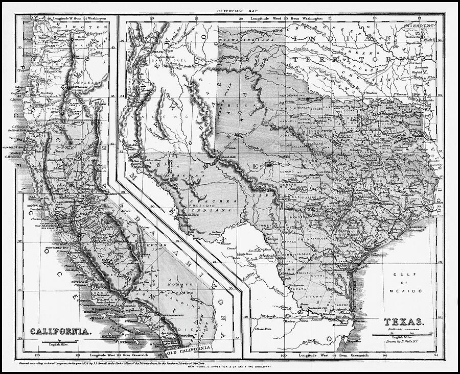 Texas and California Vintage Historical Map 1856 Black and White