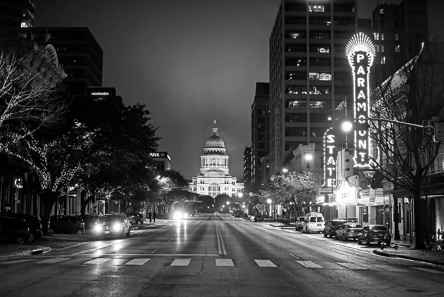 Texas Capitol Building Austin TX Congress Street Black and White Photograph by Toby McGuire