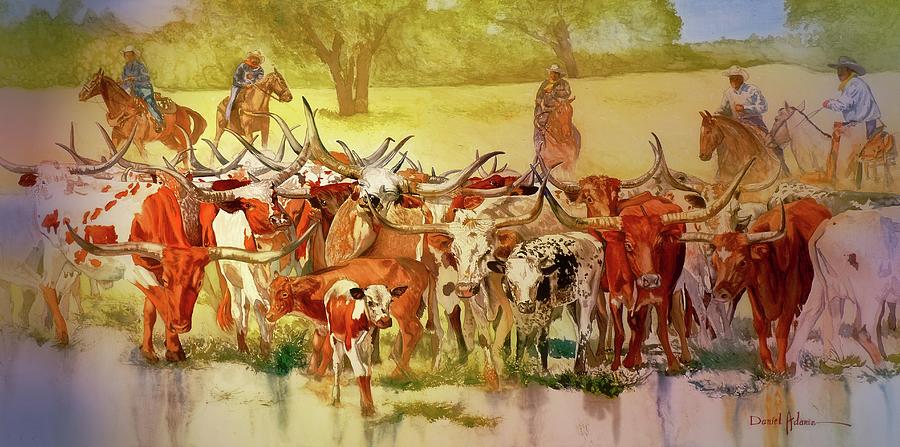Horse Painting - Texas Cattle Drive by Daniel Adams