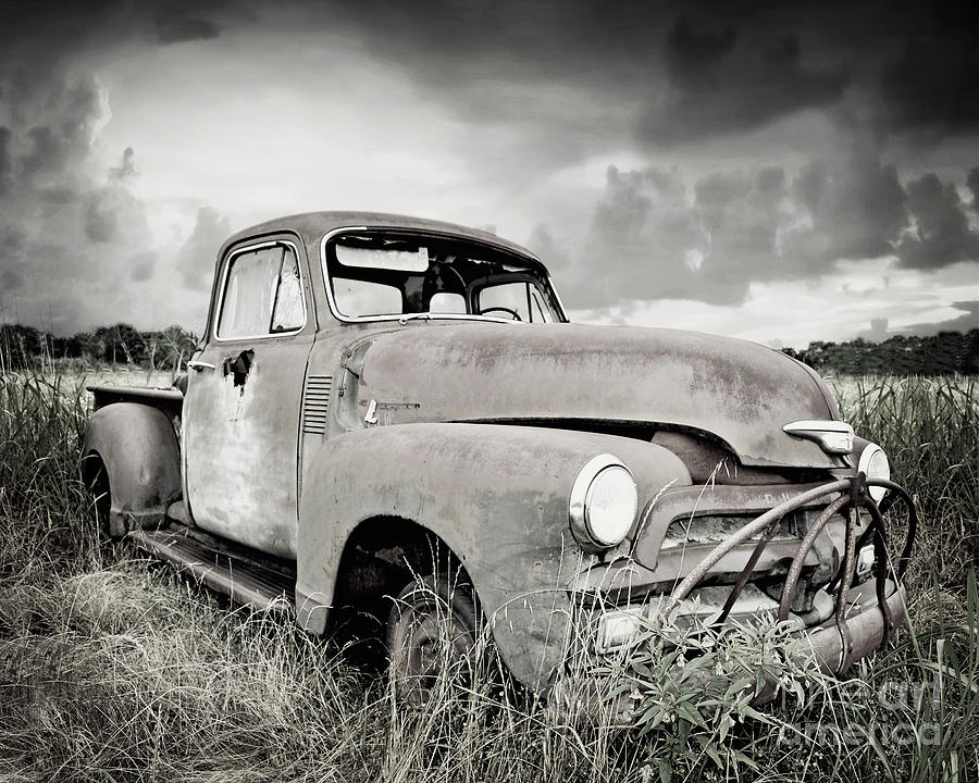 Texas Forgotten - Chevy Pickup - BW Photograph by Chris Andruskiewicz