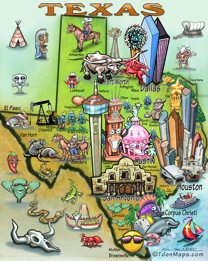 Texas Fun Map Digital Art by Kevin Middleton