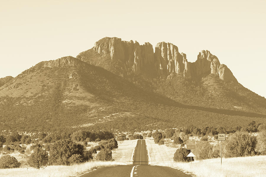 Texas Highway 166 And Sawtooth Mountain Antiqued Photograph