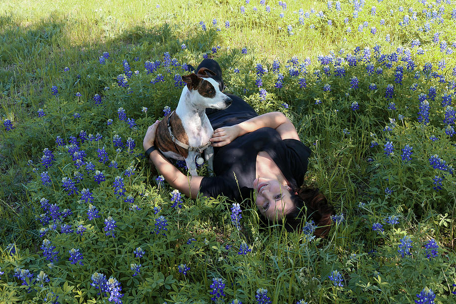 Cute Dog Photograph - Texas Hill Country Bliss - A Girl and Her Dog Amidst Bluebonnets  by Brigitte Thompson