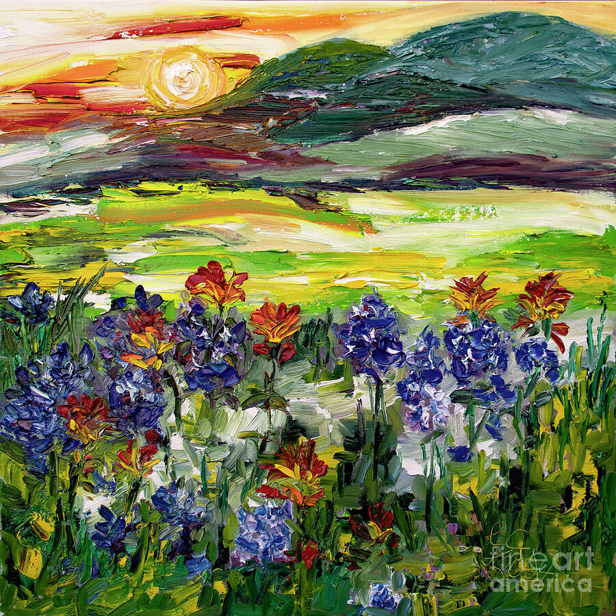 Texas Hill Country Sun and Blue Bonnets Painting by Ginette Callaway