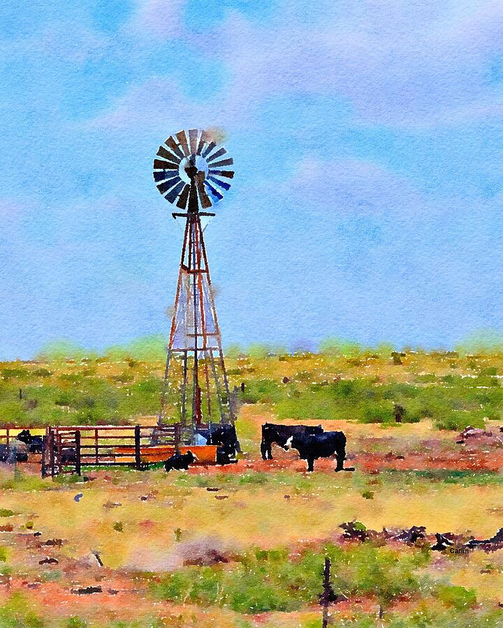 Cow Photograph - Texas Landscape Windmill and Cattle by Carlin Blahnik CarlinArtWatercolor