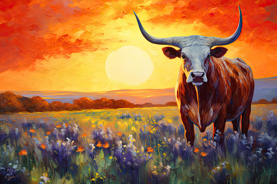 Texas Longhorn at Sunset in Bluebonnet Field Painting by Lourry Legarde