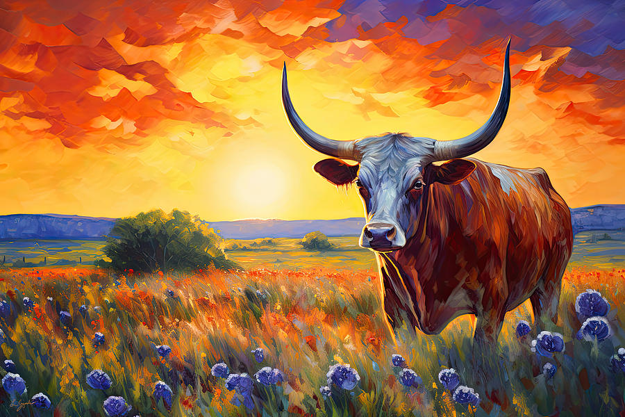 Bluebonnet Painting - Texas Longhorn At Sunset by Lourry Legarde