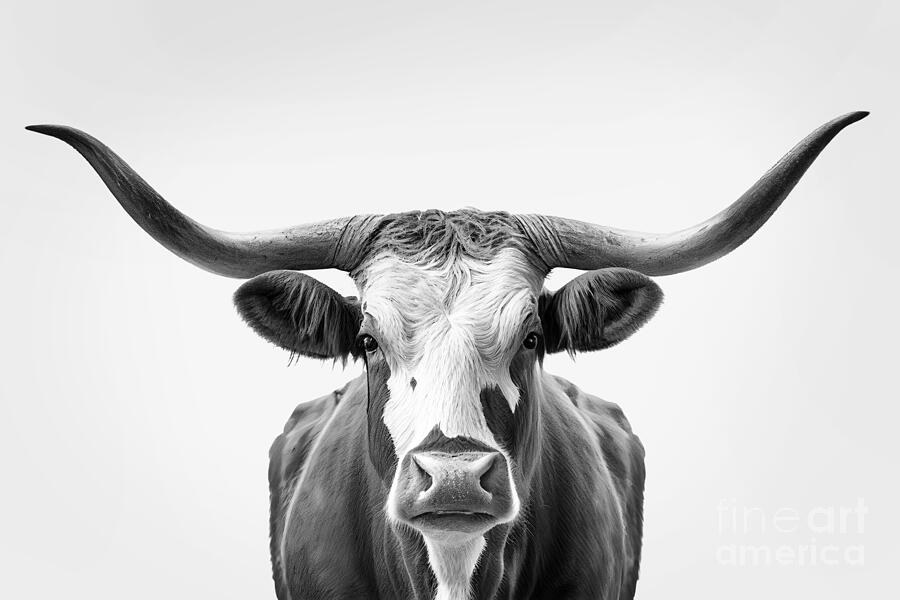 Texas Longhorn, Black And White Portrait Photograph