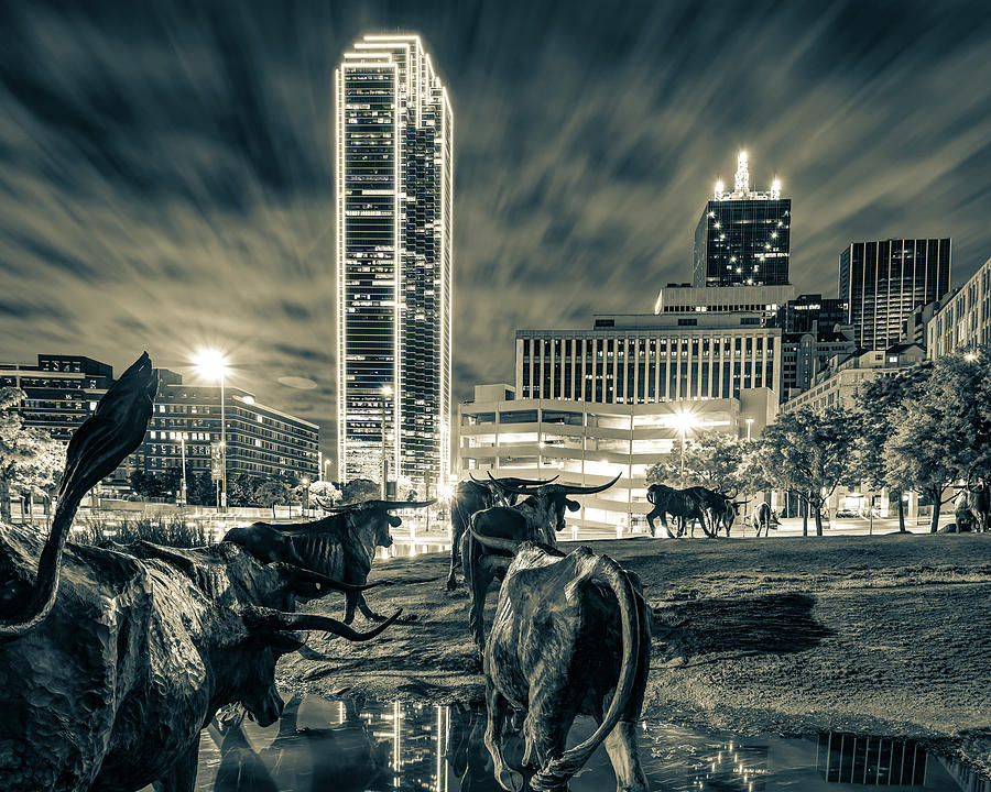 Dallas Skyline Photograph - Texas Longhorn Cattle Drive and Dallas Skyline In Sepia by Gregory Ballos