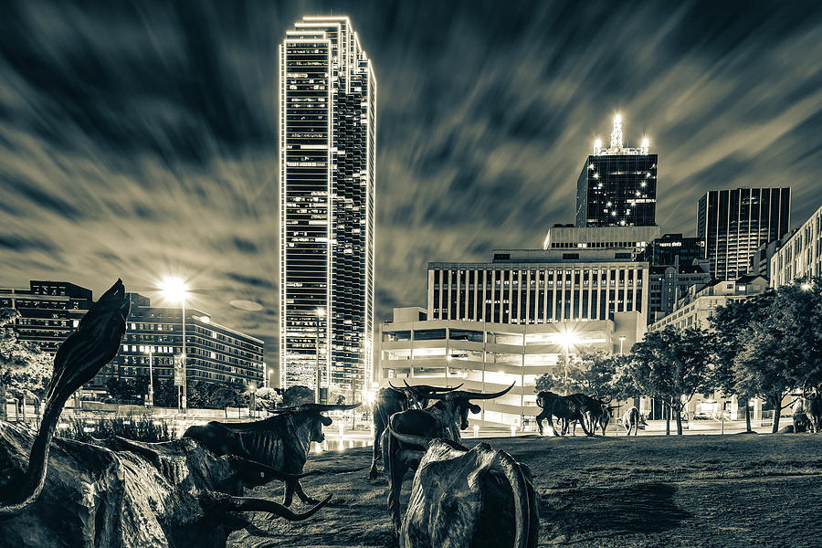 Dallas Skyline Photograph - Texas Longhorn Cattle Drive To the Dallas Skyline - Sepia Edition by Gregory Ballos