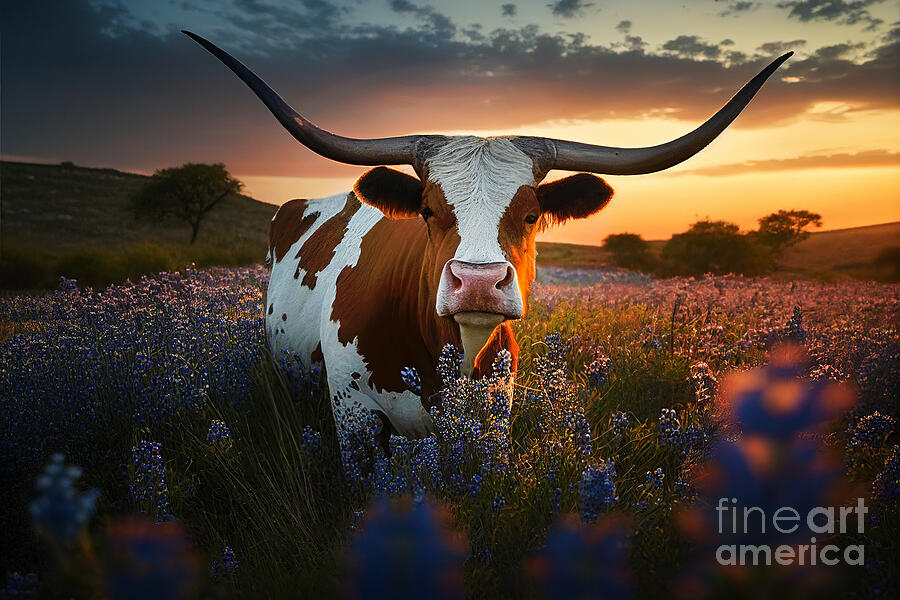 Sunset Photograph - Texas longhorn cow, bluebonnets at sunset by Delphimages Photo Creations