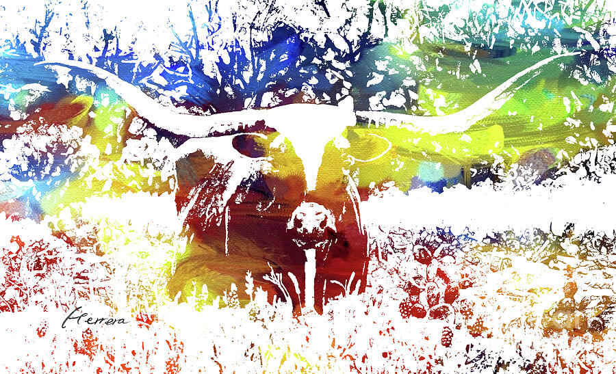 Texas Longhorn Front View - Abstract Colors Painting