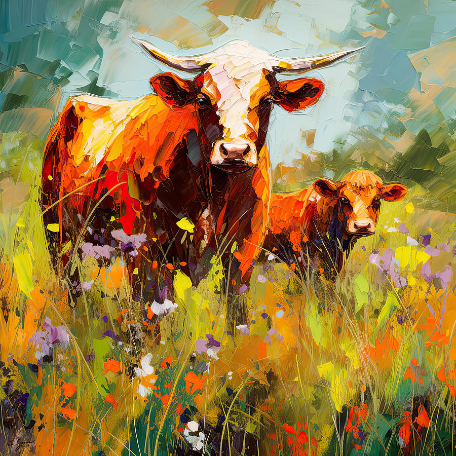 Texas Longhorns in a Colorful Landscape Painting by Lourry Legarde