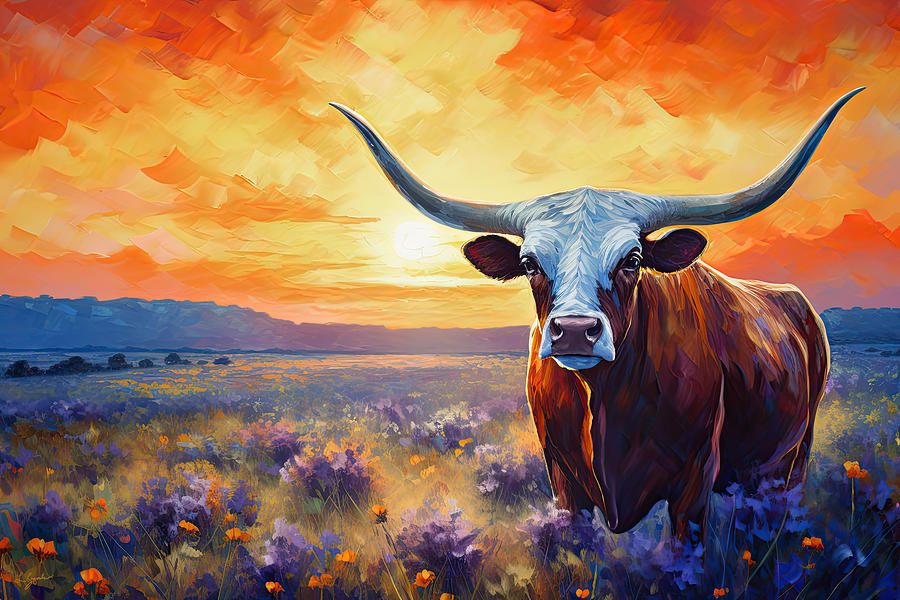 Bluebonnet Painting - Texas Majesty - Texas Longhorns Art by Lourry Legarde