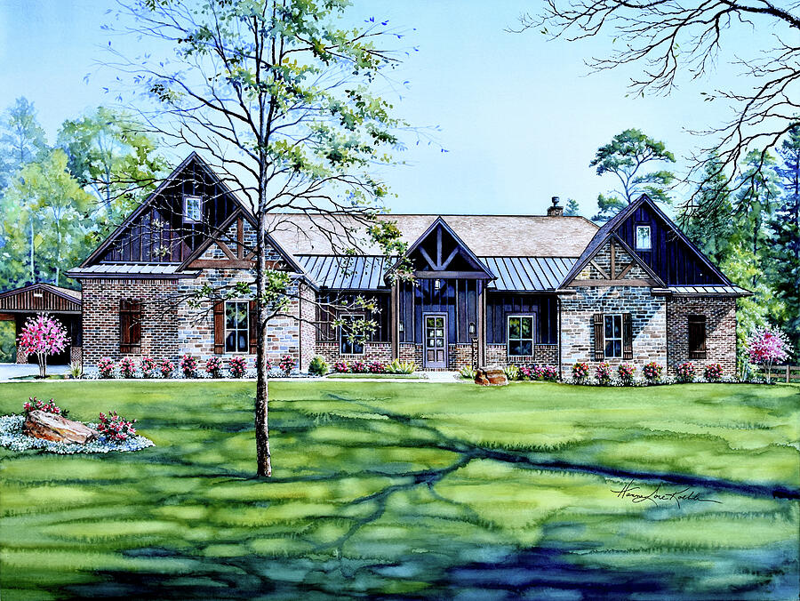 Texas Ranch Home Portrait Painting by Hanne Lore Koehler