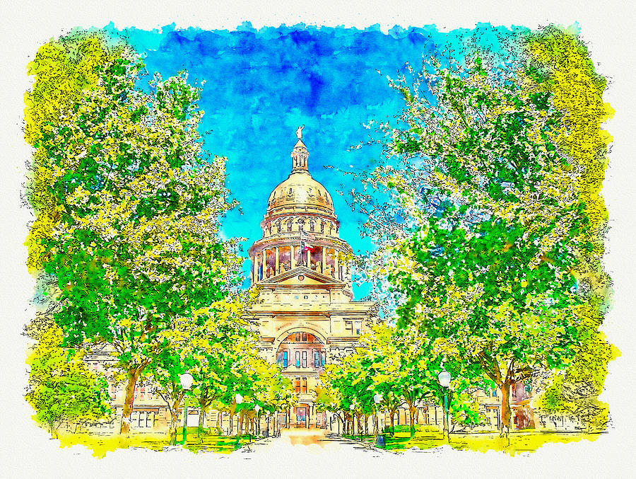 Texas State Capitol in Austin - pen sketch and watercolor Digital Art by Nicko Prints