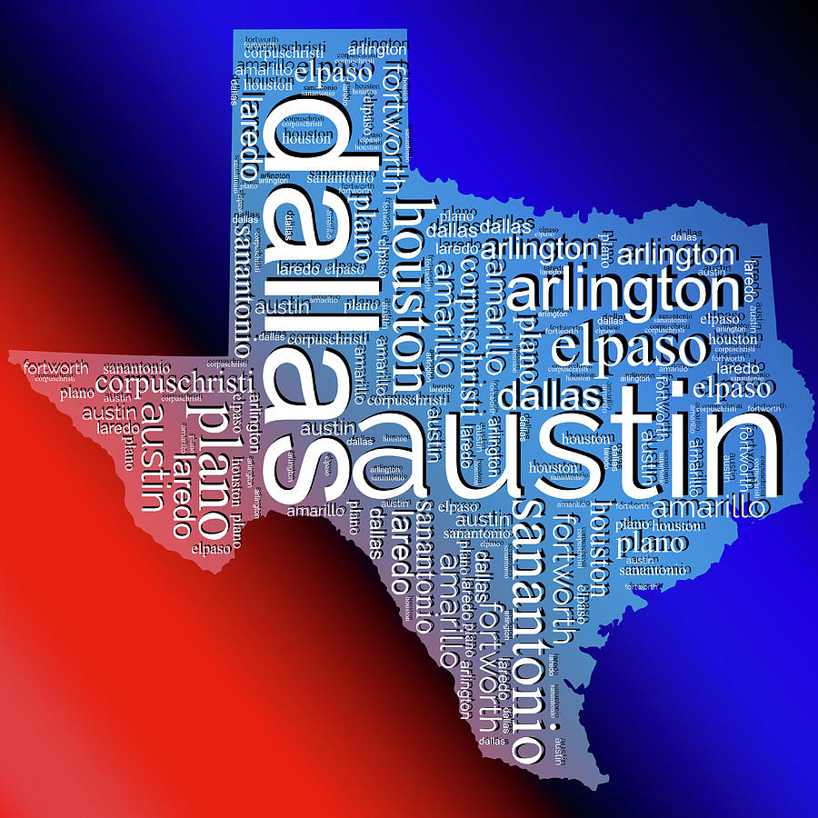 Texas Typography Map Red And Blue Digital Art by Dan Sproul