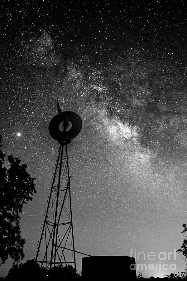 Black And White Photograph - Texas Windmill with Milky Way B W Vertical by Bee Creek Photography - Tod and Cynthia