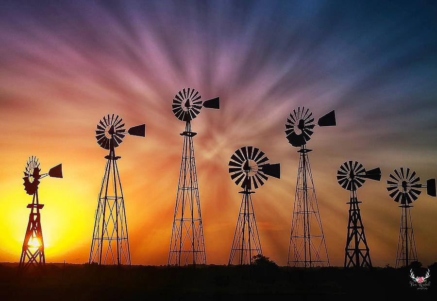 Texas windmills at sunset Photograph by Pam Rendall