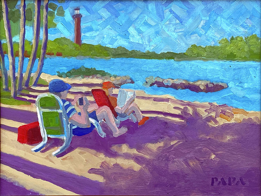 Lighthouse Painting - Texting and Reading by Ralph Papa