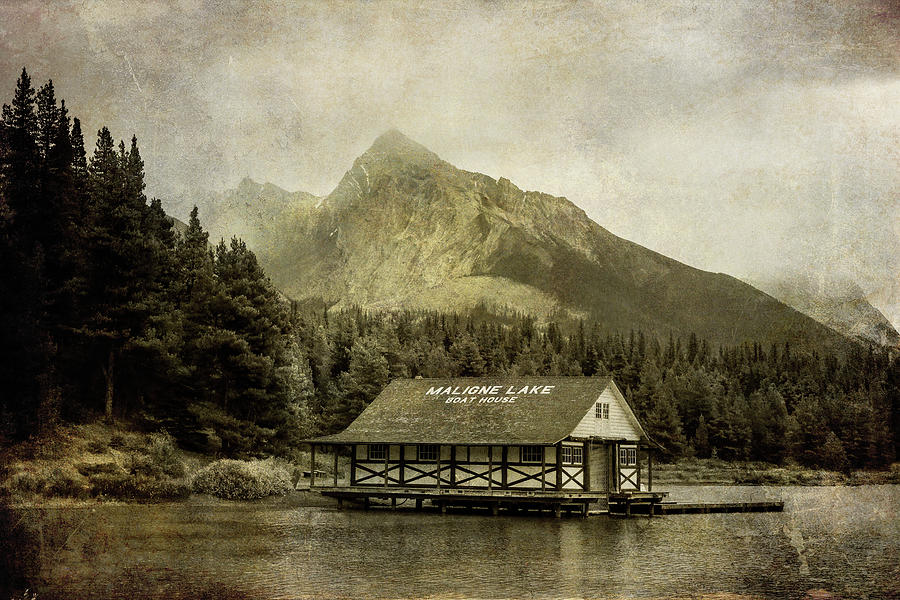 Textured Maligne Lake Boathouse Photograph by Dan Sproul